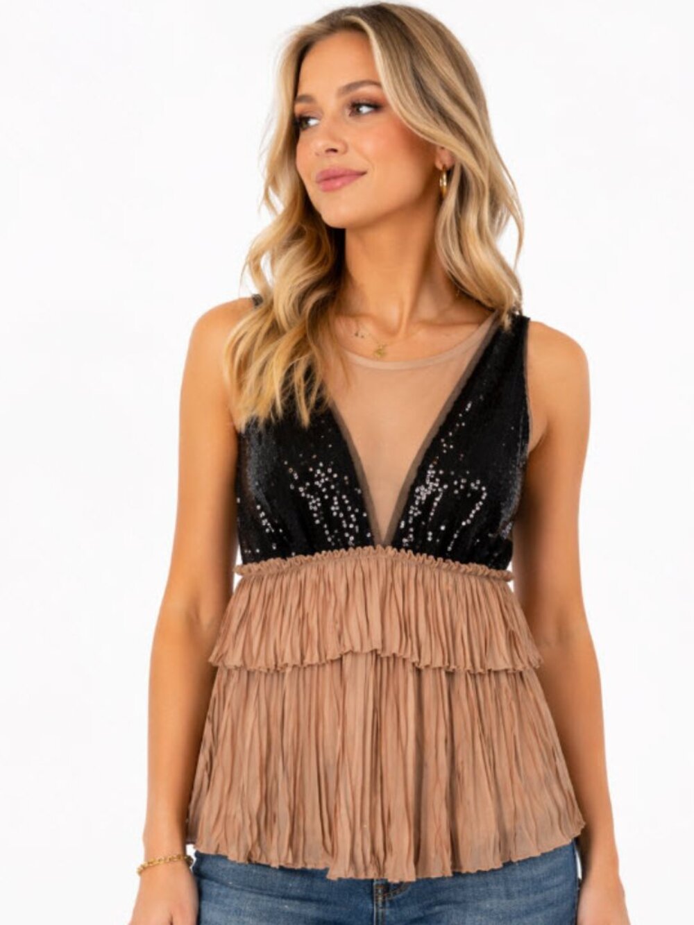 BCBGMaxAzria Sequin Pleated Camisole Blush Black V-Neck Party Top Size Small